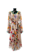 Short dress in watercolor print chiffon fabric with lace at the cuffs and neckline