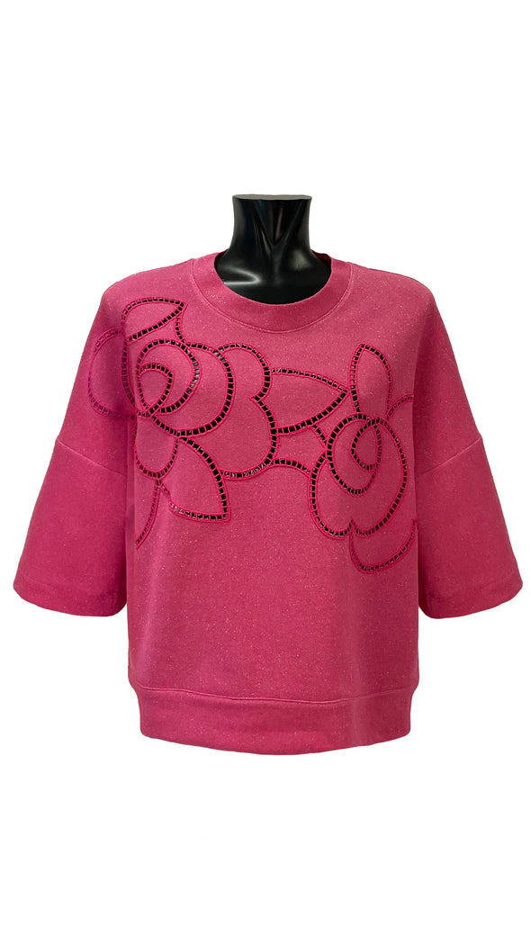 Lamé crewneck sweatshirt embroidered with broderie anglaise flower