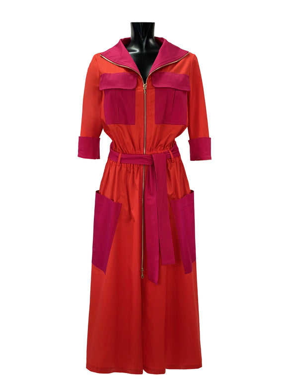 Two-tone poplin dress with patch pockets